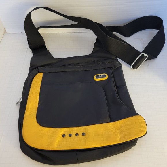Tumi Tech Black Yellow Gold McKenna Flap Body Bag Crossbody Adjustable Strap - Picture 1 of 16